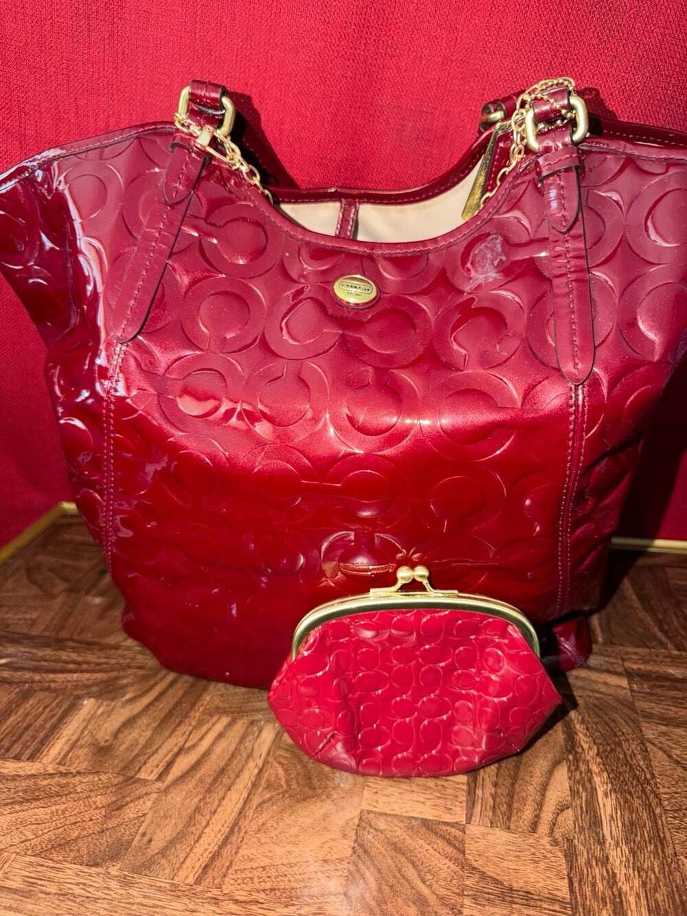 Coach Peyton Op Art Embossed Patent Leather Tote with Matching Frame Pouch